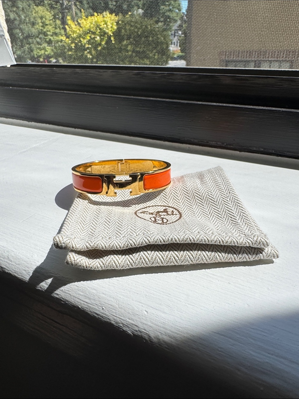Hermes Orange Enamel H Bracelet with Gold Hardware
